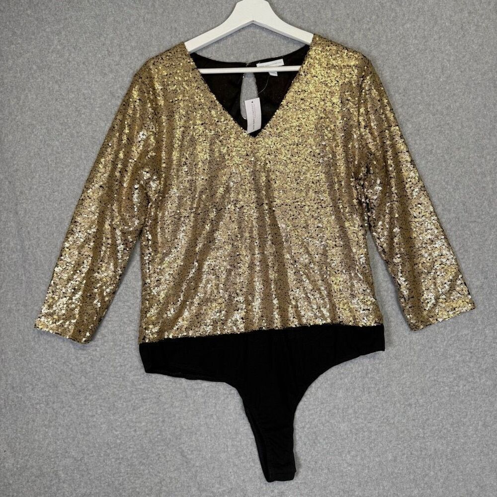New York and Company Women's Large Metallic Gold Sequin Black Bodysuit One Piece